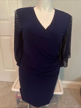 MSK Navy Midi Dress with Pearl-Embellished Sheer Sleeves